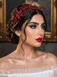 Shiny Red Rhinestone Bridal Headband Elegant Women's Headpiece Suitable For Wedding Party - Red - View 3