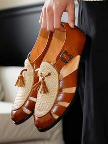 Men's Woven Tassel Roman Sandals With Adjustable Buckle, Hollow Upper, Flat Sole, Summer Casual Dress Shoes, Vintage Brown, Commuter Casual Formal Shoes - Brown - View 6