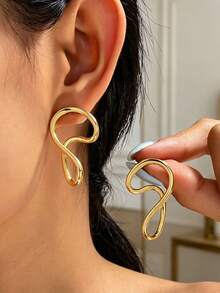 1 par de pendientes de botón de moda casual para mujer con diseño de línea geométrica retorcida, adecuados para uso diario - Amarillo Oro - Ver 7