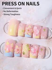 24pcs Short Square 3D Gel Nail Art, Floral Design With Pearl French Style Fake Nails Set, Includes 1 Double-Sided Adhesive And 1 Nail File, French Manicure, Suitable For Women And Girls Daily Life And Party Use - Multicolor - View 2