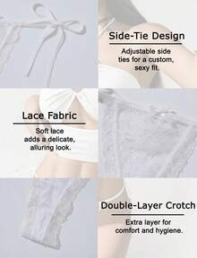 Aivtalk Women's Panties With Side Ties, Lace Thong With Bow, Adjustable Underwear, Sheer Low-Rise Thong, Size S - 白色 - 查看 3
