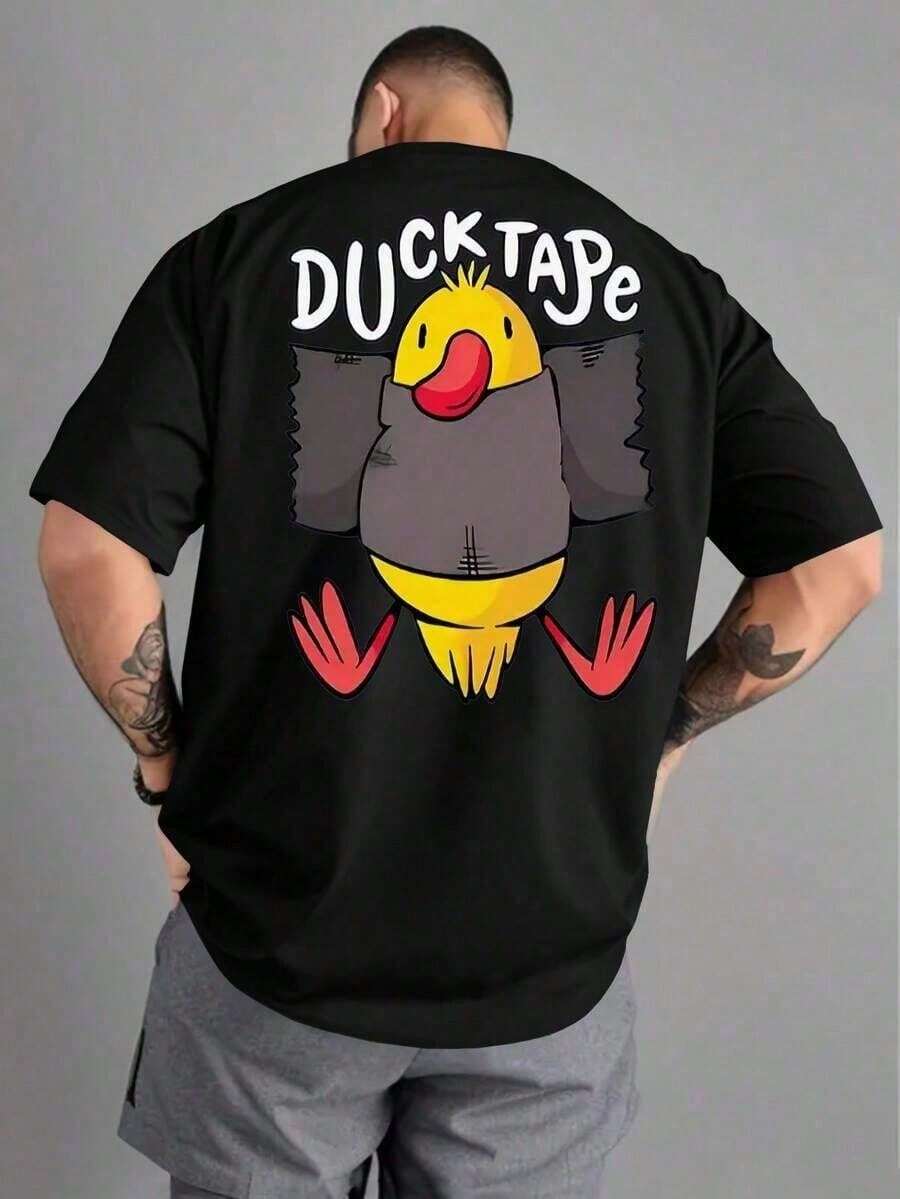 Men's T-Shirt, 180g Cotton, With A Fun Duck Print, Round Neck, Short Sleeves, Loose Fit, Breathable, Urban Style, In Black And White YI20