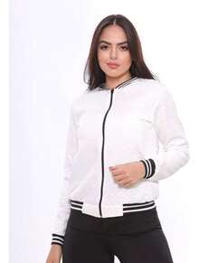 Women's Autumn/Winter Warm And Casual Padded Jacket With Round Neck - Black And White Striped Collar, Long Sleeves, Casual Coat | Zipper Jacket - 白色 - 查看 1