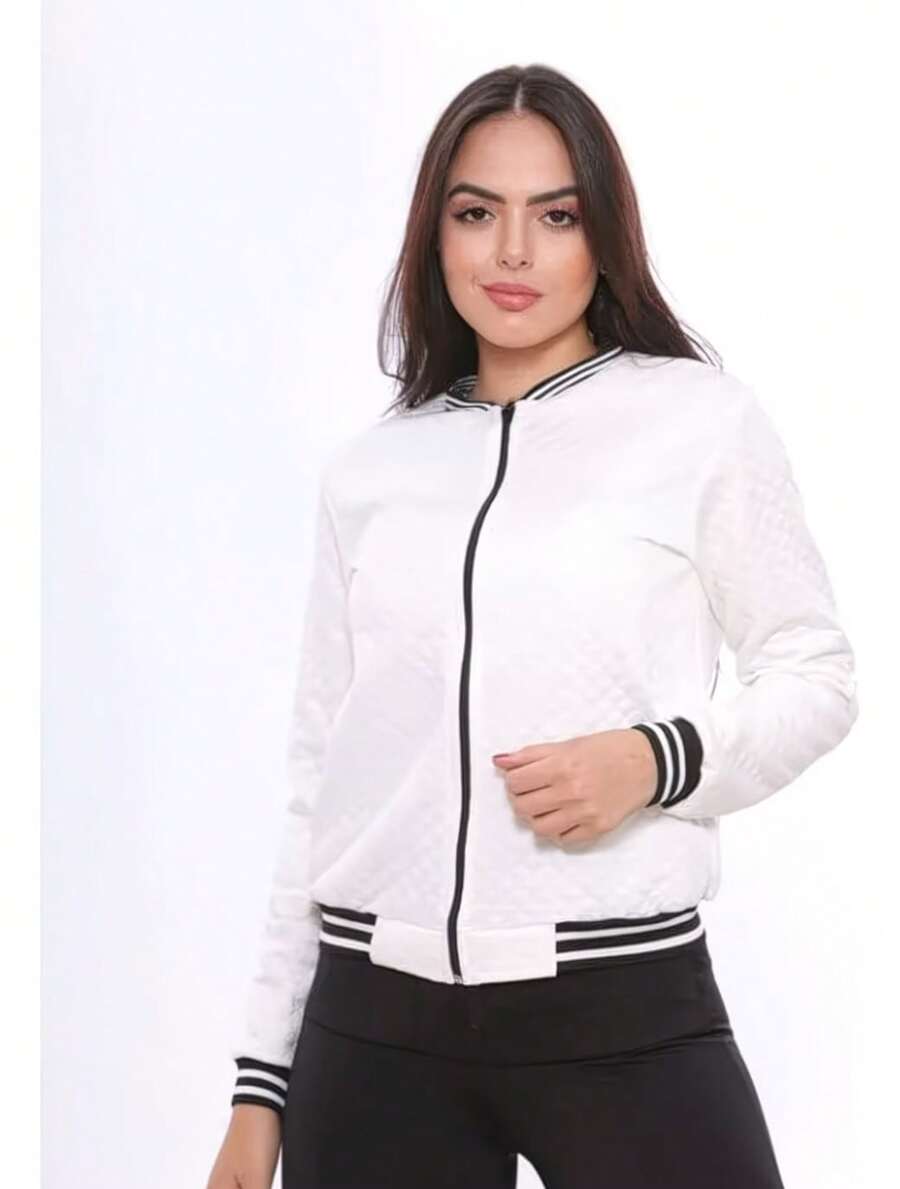 Women's Autumn/Winter Warm And Casual Padded Jacket With Round Neck - Black And White Striped Collar, Long Sleeves, Casual Coat | Zipper Jacket - 白色 - 查看 1