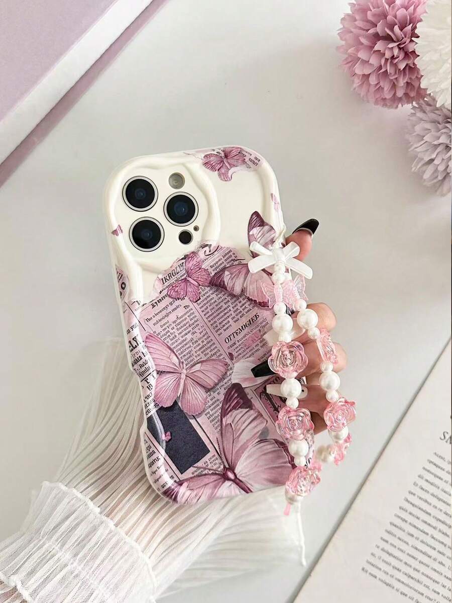 奶油波浪邊亮面蝴蝶彩繪防摔手機殼，附手工串珠手鍊，適合 XR/7/8、 15 Pro Max、Apple 13、14、Apple 11、XS，P12 奶油波浪邊亮面新款彩繪 TPU 防摔軟殼，適合 Galaxy S24、Galaxy S24+、Galaxy S24 Ultra、Galaxy S22/Galaxy A13 4G/Galaxy A52/A52s 5G、Galaxy A23、Galaxy A35、Galaxy A25、Galaxy A73，適合 Redmi Note 11/11 Lite