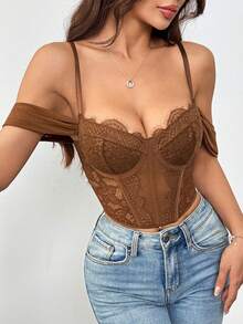 RAHQ Sheer Floral Lace Bustier, Y2K Hot Weather Crop Top For Urban Daily OOTD - Brown - View 3
