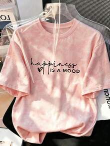 Women's Round Neck Short Sleeve T-Shirt, Summer New Letter Print, Casual Loose Versatile Top, Fashionable Daily Wear Pink, Breathable - Pink - View 1