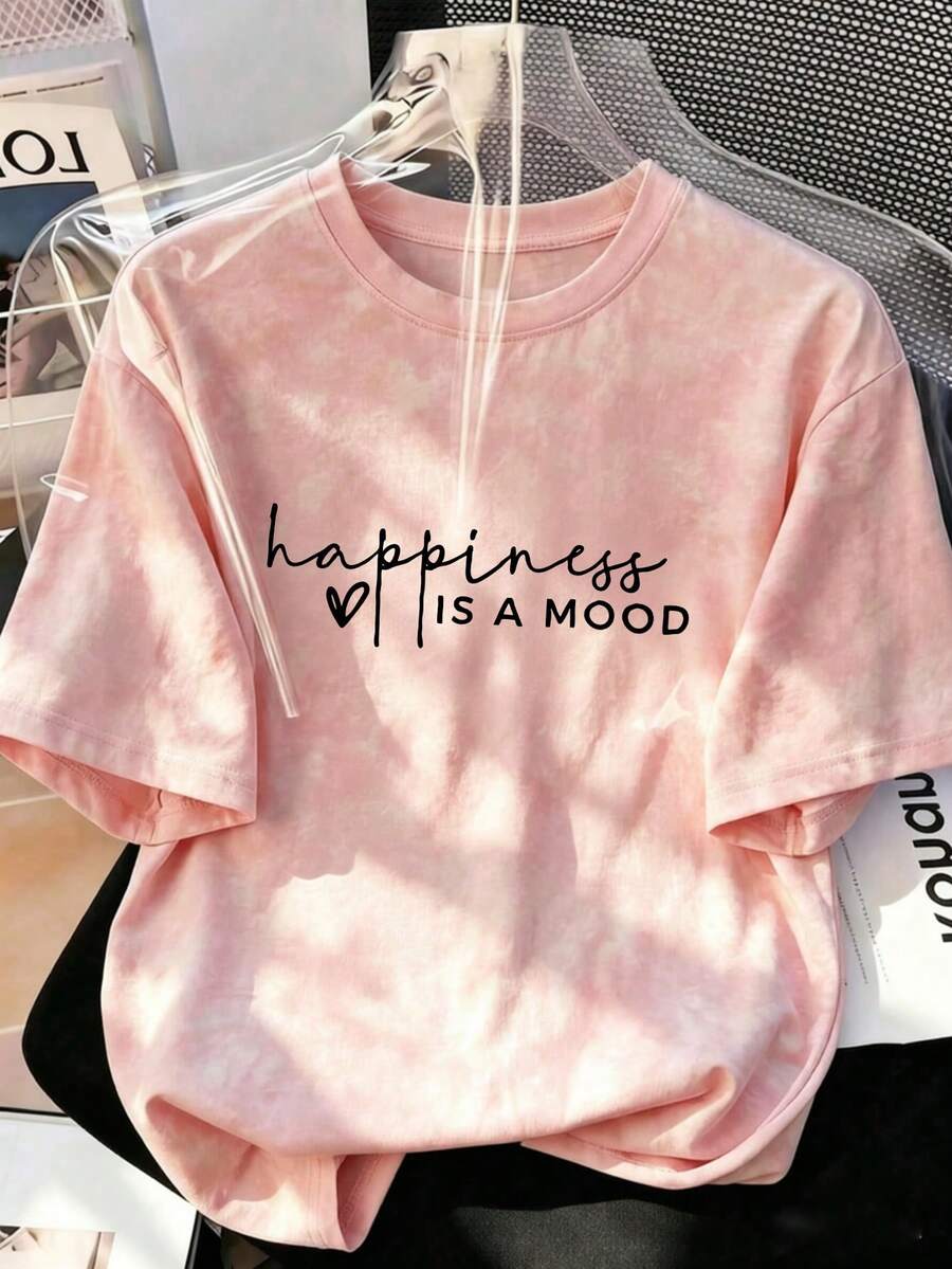 Women's Round Neck Short Sleeve T-Shirt, Summer New Letter Print, Casual Loose Versatile Top, Fashionable Daily Wear Pink, Breathable - Pink - View 1