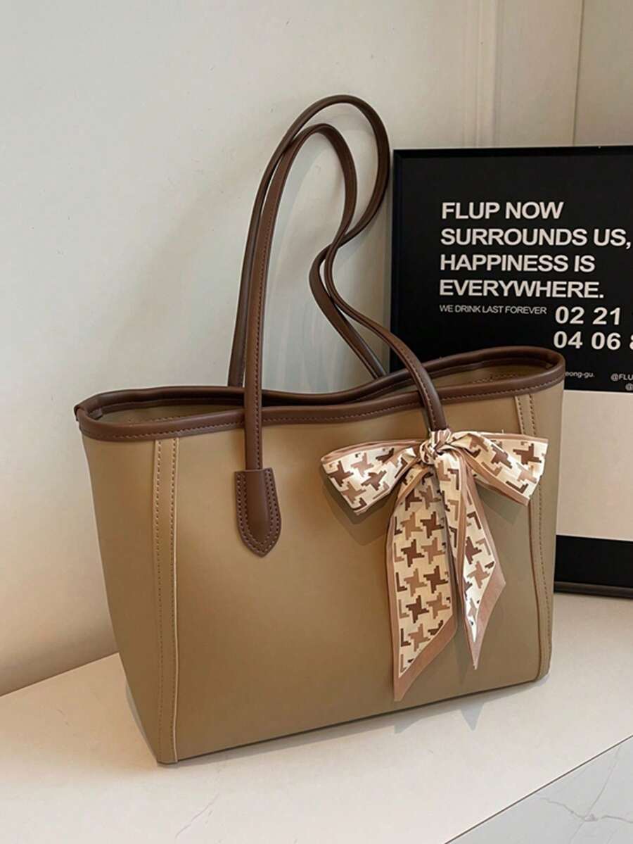Bolso de mano de estilo vintage minimalista y casual de gran capacidad en unicolor de PU con bufanda a juego, bolso versátil y elegante para mujer, bolso de moda con lazo, llamativo bolso de - Beis - Ver 1
