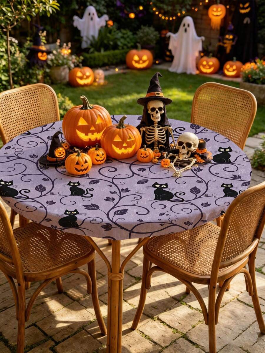 1pc Halloween Cat Milk Silk Polyester Elastic Tablecloth, Purple Washable Dining Tablecloth For Home Dining Room, Living Room, Kitchen Decoration, Suitable For Anniversary, Birthday Gift And Other Occasions - Multicolor - View 1
