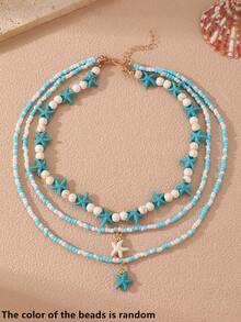 3pcs/Set Girls Blue Ocean Theme Seed Bead Starfish Necklace Set, Suitable For Vacation Decor, Daily Wear - Baby Blue - View 1