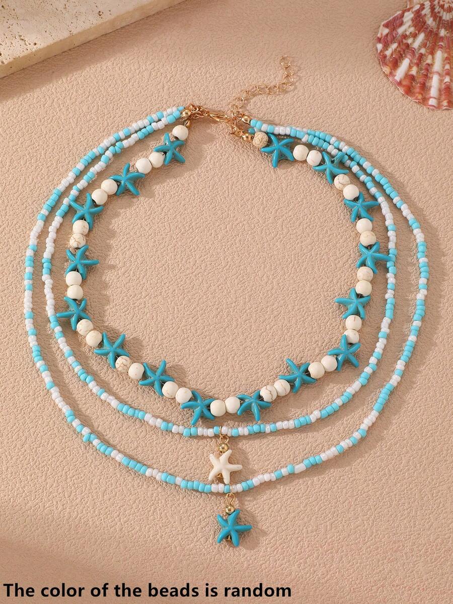 3pcs/Set Girls Blue Ocean Theme Seed Bead Starfish Necklace Set, Suitable For Vacation Decor, Daily Wear - Baby Blue - View 1