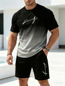 Men's Gradient Letter Print Short Sleeve Crew Neck T-Shirt And Drawstring Shorts Set, Comfortable Casual Outfit, 100% Polyester, Lightweight And Breathable Fabric - 白色 - 查看 6