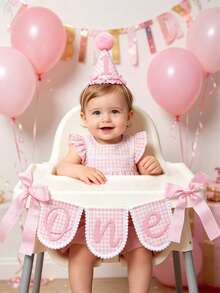 2/1 pieza Conjunto de camino de mesa de tela no tejida con lazo a cuadros rosa estilo INS y sombrero de 1er cumpleaños con lazo a cuadros rosa - Decoración de silla para 1er cumpleaños, accesorio para fotos, adecuado para fiesta de cumpleaños infantil, baby shower, decoración de fiesta, lazo rosa, sombrero de niña de 1er cumpleaños, decoración de fiesta de feliz cumpleaños, accesorio para fotos, decoración de baby shower - Rosa - Ver 4