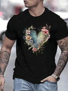 Corazón rodeado de flores simboliza amor natural y renovación camiseta de hombre moderna cómoda para uso diario - Negro - Ver 1