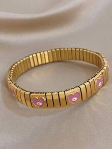 1Pc/Set Golden Stainless Steel Retro Evil Eye Heart Enamel Charm Stretch Bangle Bracelet For Women,Y2K,Daily/Boho/Party,Christmas, Valentine Birthday - Multicolor - View 9