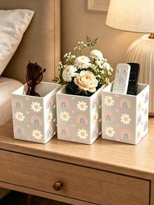 Rainbow Heart Flower Pattern Square White Acrylic Pen Holder, Minimalist Fashionable Makeup Brush And Pencil Storage Container. Essential For Teachers, Suitable For Personalized Teacher Gifts, Bridal Gifts, Valentine's Day, Teacher's Day, Bachelorette Party Gift Box, Also For Work, Travel, Office, Events And Other Occasions, As Well As Back To School Essentials, Teacher's Day Gifts - Multicolor - View 2
