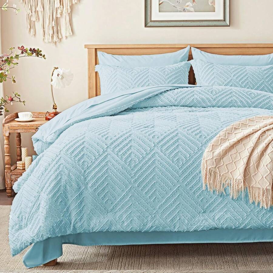 Zzlpp - 7 Piece Complete Duvet Set, Cream Tufted Bed In A Bag With Duvet And Sheets, All Season Boho Bedding Set With 1 Duvet, 2 Decorative Pillowcases, 2 - 淺藍色 - 查看 1