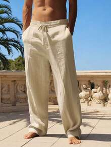 Men's Spring/Summer Thin Breathable Hip-Hop Linen Casual Lounge Sports Long Pants, Beach Straight Leg Hawaiian Solid Color Trousers - Khaki - View 3