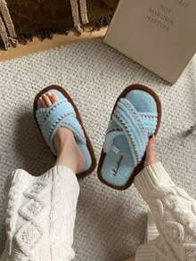 XIXITIAO Vintage Colorblock Cross-Strap Design Plush House Slippers, Comfortable Flat Soft Fleece Slip-On Shoes, Suitable For Home Office Bedroom - Blue - View 3