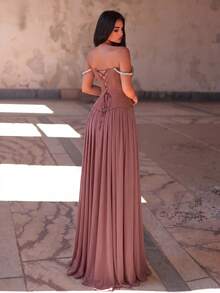 Women's Strapless Backless Rhinestone Evening Gown, Sparkling Trim Decoration Wedding Party Fall - Dusty Pink - View 2