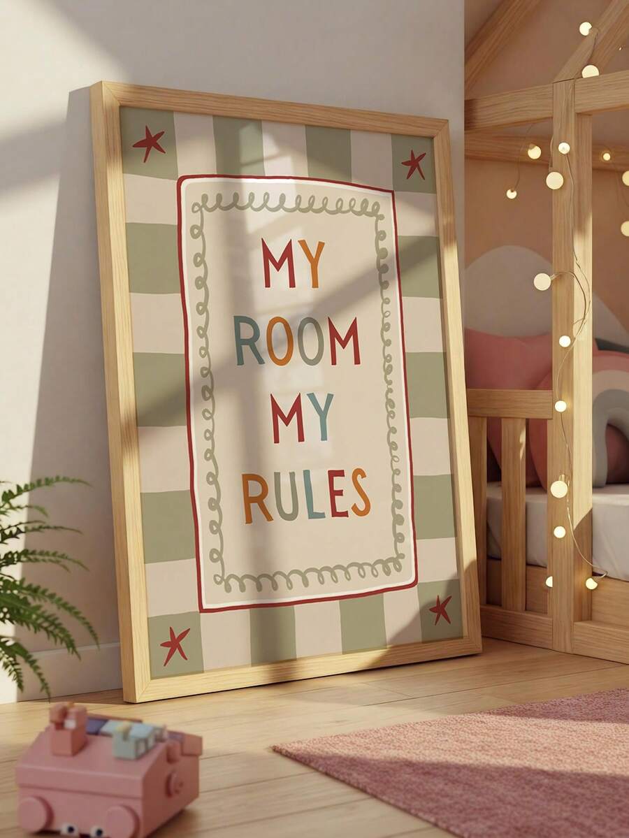 1pc Canvas Framed Wall Art Decor For Baby Room, "My Room, My Rules" Children's Theme Poster, Vintage Country Style Kids Bedroom Wall Decoration, Ready To Hang Framed Art, Suitable For Toddler Bedroom, Playroom, Teenager Corner, Imaginative Independent Space Theme Artwork, Vintage Style Kids Room Accent Decor, Kindergarten Decoration, Room Decor, Gift - Multicolor - View 1