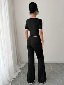 Conjunto de 2 Piezas para Mujer: Top de Cuello Redondo y Manga Corta con Pantalón Largo en Color Sólido - Negro - Ver 7