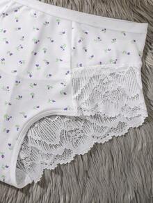 Aesletic 3pcs Plus Size Floral Lace Trim Panties, Mid-Waist Soft Skin-Friendly Lightweight Ditsy Edge No-Digging No-Rolling Shorts - Multicolor - View 10