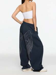 American Style Cuffed Wide Leg Sweatpants With Foil Print, Jazz Dance Pants - Blue - View 7
