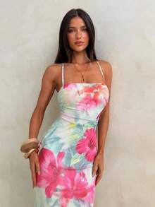 Elegant Women's Dress With Floral Print And Open Back, Summer Clothes, Beach Outfits For Women, Beach Vacation Clothes, Party Outfits, Bridesmaids - 珊瑚粉 - 查看 5