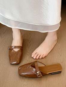 Women's New Summer French Square Toe Flat Slouchy Mule Sandals Half-Slip-On Shoes - Khaki - View 4