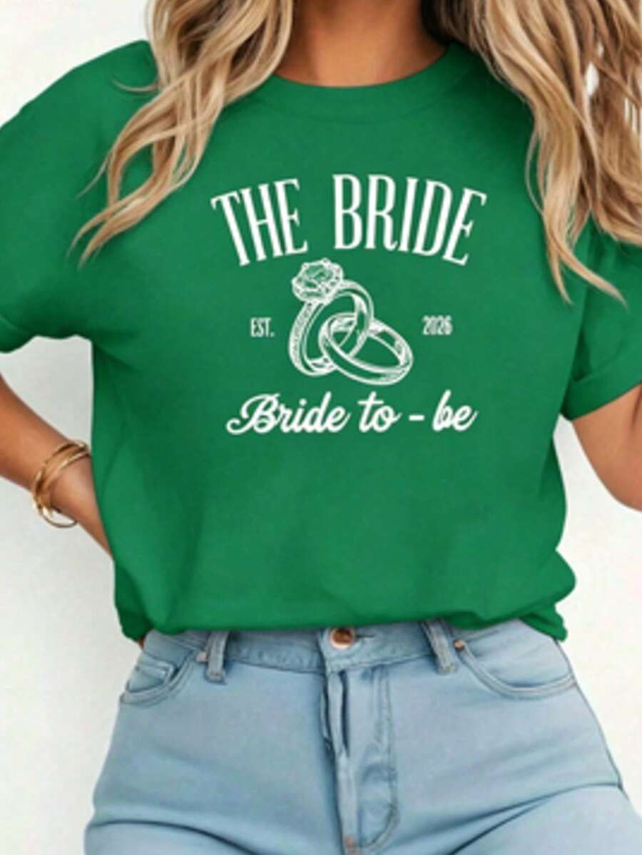 LA NOVIA Est. Women's T-Shirt With Engagement Ring Print "06 Future Bride", For Bachelorette Party, Wedding Preparation, Simple And Elegant, Short Sleeve, Casual For Daily Wear - 綠色 - 查看 1