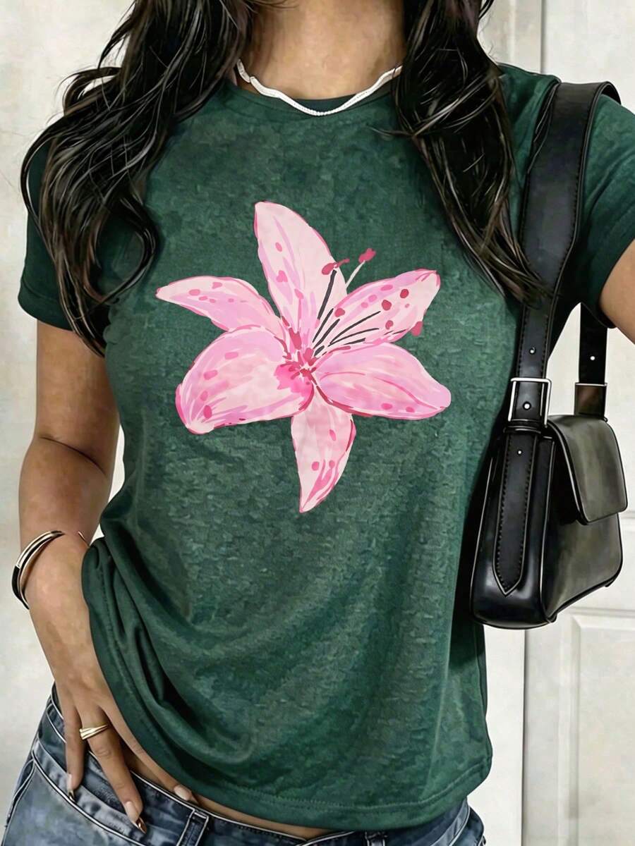 1 Piece Of Women's Plus Size Loose Fit T-Shirt, 100% Cotton, With Dropped Shoulders, Printed With Watercolor Pink Lily Designs, Perfect For Summer Beach, Vacation, Etc. - 綠色 - 查看 1