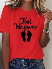 Comfortable And Pure T-Shirt For Women "Foot Whisperer" With Cursive Feet Design - [Red] - View 1