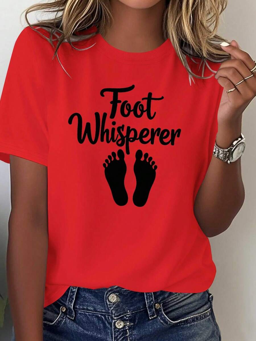 Comfortable And Pure T-Shirt For Women "Foot Whisperer" With Cursive Feet Design - [Red] - View 1
