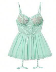 Lencería Sexy para Mujer , Camisón de Encaje y Malla con Liguero, Tirantes Ajustables, Ropa de Dormir - Verde hielo - Ver 1