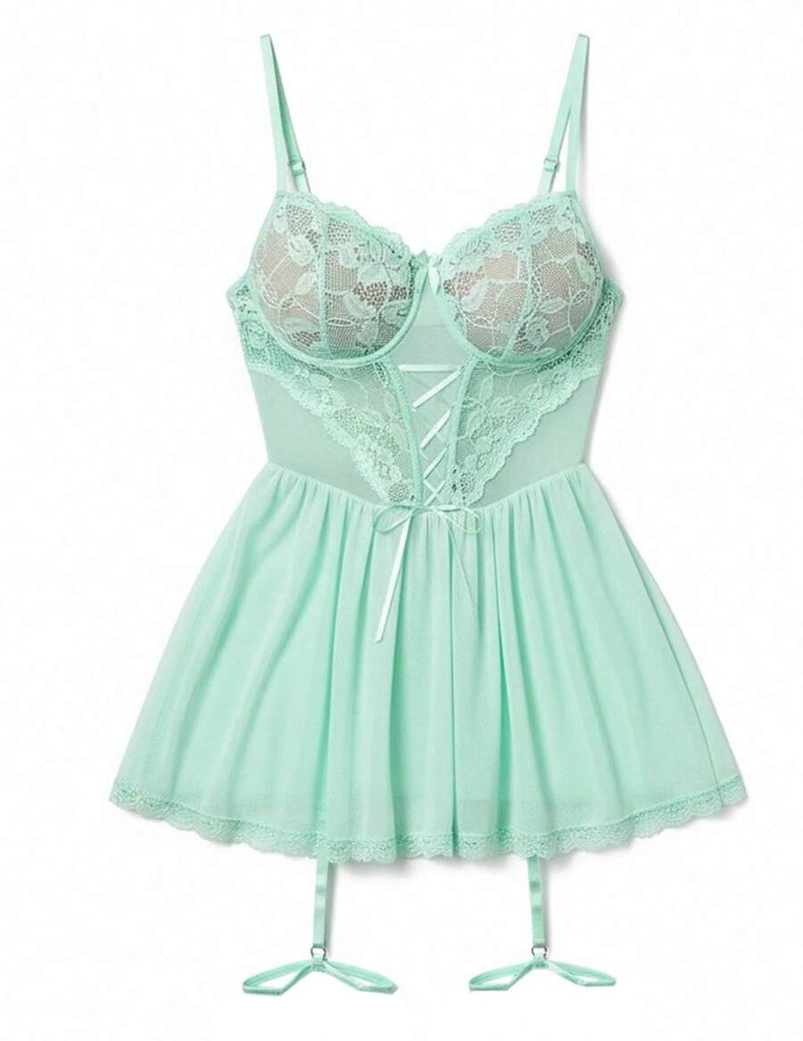 Lencería Sexy para Mujer , Camisón de Encaje y Malla con Liguero, Tirantes Ajustables, Ropa de Dormir - Verde hielo - Ver 1
