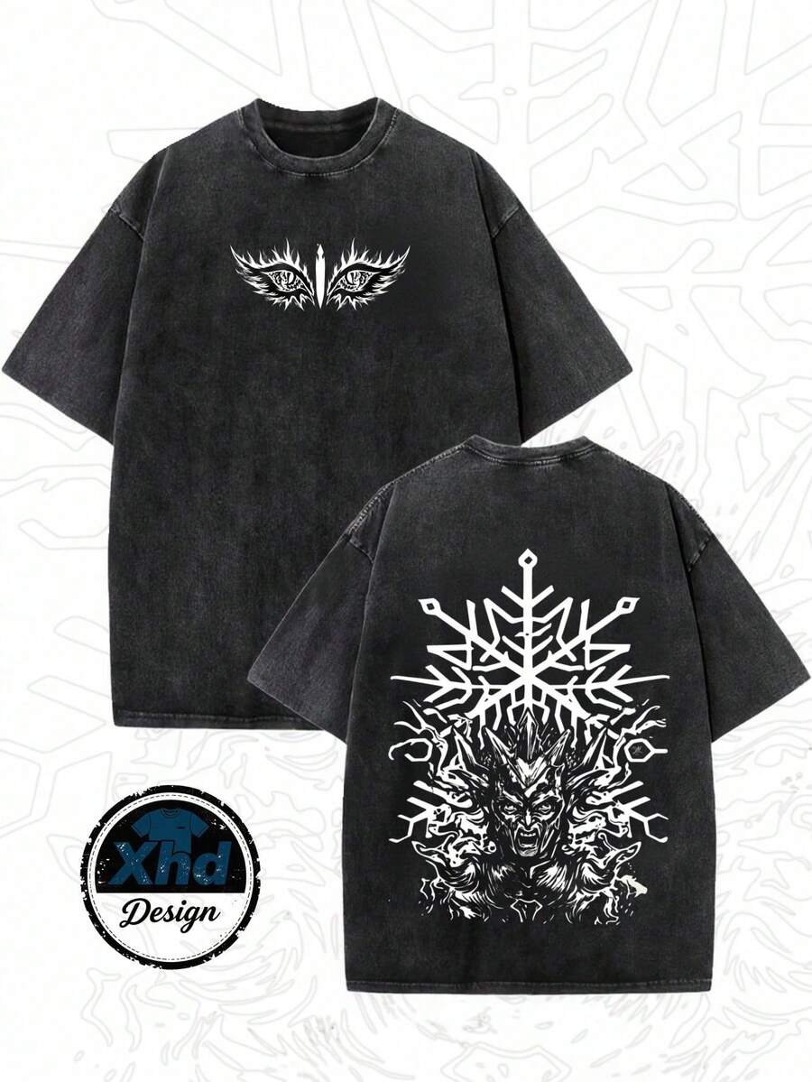 Camiseta de Hombre con Diseño de Ojos y Demonio Copo de Nieve, Cómoda y Versátil, Casual para Exteriores, Manga Corta - Negro - Ver 1