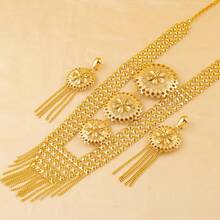 3pcs 24K Gold Plated Luxury Floral Tassel Jewelry Set (Necklace + Earrings) - Dubai And European Style Gold Color Wedding And Party Accessories For Women, Perfect Gift For Her/Mom/Best Friend For Summer Wedding Season, Mother's Day And Valentine's Day - Gold - View 8