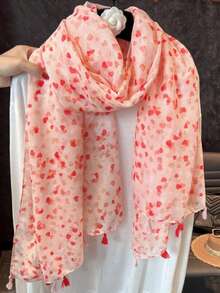 1pc New Sweet Heart Tassel Scarf For Women, Thin Spring/Summer Sun Protection Shawl For Travel, Beach And Air-Conditioned Room - Pink - View 3