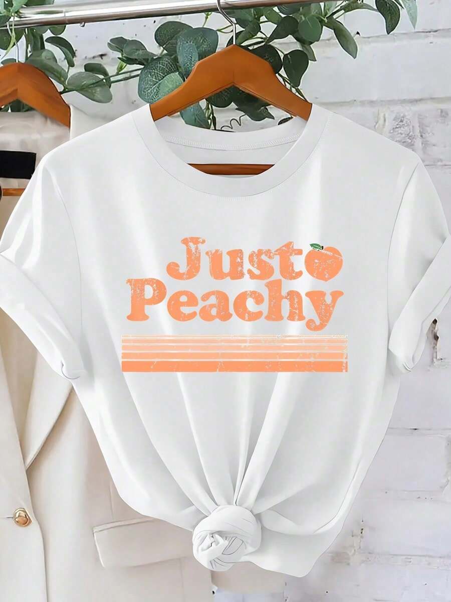 Just Peachy Women's Vintage T-Shirt With Distressed Peach Print | American Retro Style, Crew Neck, Short Sleeve | Cool And Sweet Casual Top | Stylish Clothing - 白色 - 查看 1
