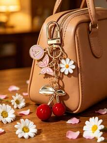 Charm de Bolsa Fofo Rosa Cereja Borboleta & Letra A-Z - Pendente de Moda para Mochila Cereja, Chaveiro, Pendente de Liga de Letra A-Z, Pendente para Auriculares, Ornamento Pendente para Carro, Charm Decorativo, Chaveiro Cereja, Ornamento de Bolsa, com Clipe de Bolsa, Joias de Resina Brilhante & Metal, Adequado para Carteira e Mochila Feminina - Multicolorido - Ver 7