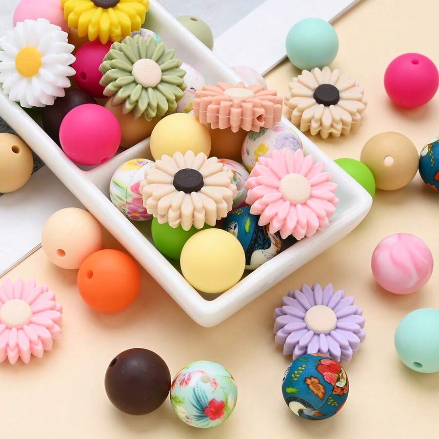 22Pcs Vibrant Daisy/Sunflower Theme Silicone Beads Set, Suitable For DIY Holiday Decoration Jewelry Making, Clothing Accessories, Home Decor, Home Handicrafts, Cultural Creative Handmade Accessories - Multicolor - View 1