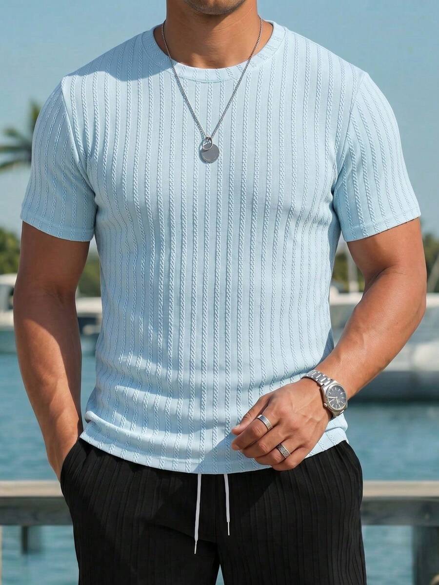Manfinity Homme Men's Casual Short Sleeve Button-Down Shirt With Half Wallet - Blue and White - View 1