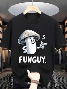 Camiseta de verano para hombre de manga corta, fabricada en poliéster, corte regular, con estampado de hongo, cuello redondo, ligera y elástica de 180g/². - Negro - Ver 1