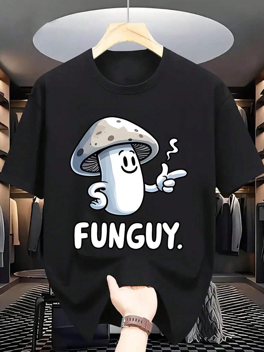Camiseta de verano para hombre de manga corta, fabricada en poliéster, corte regular, con estampado de hongo, cuello redondo, ligera y elástica de 180g/². - Negro - Ver 1