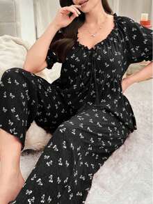 Plus Size Women's Elegant Fashion Front Tie Bow Print Short Sleeve Long Pants Pajama Loungewear Set - Black and White - View 5
