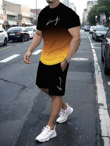 Men's Gradient Letter Print Short Sleeve Crew Neck T-Shirt And Drawstring Shorts Set, Comfortable Casual Outfit, 100% Polyester, Lightweight And Breathable Fabric - 軍綠色 - 查看 1