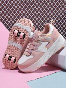 Scarpe da pattini a 4 ruote per ragazze, scarpe da pattinaggio per bambini e adolescenti, scarpe da pattini in pelle PU leggere e resistenti per tutte le stagioni, scarpe da pattini alla moda con fibbia rotante regolabile e ruote doppie nascoste, ruote rimovibili, scarpe da pattinaggio 2 in 1, pattini in linea, scarpe sportive con ruote per adolescenti - Rosa - Visualizzare 1