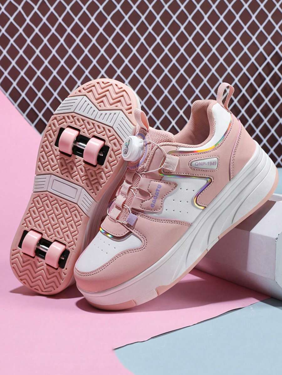 Scarpe da pattini a 4 ruote per ragazze, scarpe da pattinaggio per bambini e adolescenti, scarpe da pattini in pelle PU leggere e resistenti per tutte le stagioni, scarpe da pattini alla moda con fibbia rotante regolabile e ruote doppie nascoste, ruote rimovibili, scarpe da pattinaggio 2 in 1, pattini in linea, scarpe sportive con ruote per adolescenti - Rosa - Visualizzare 1